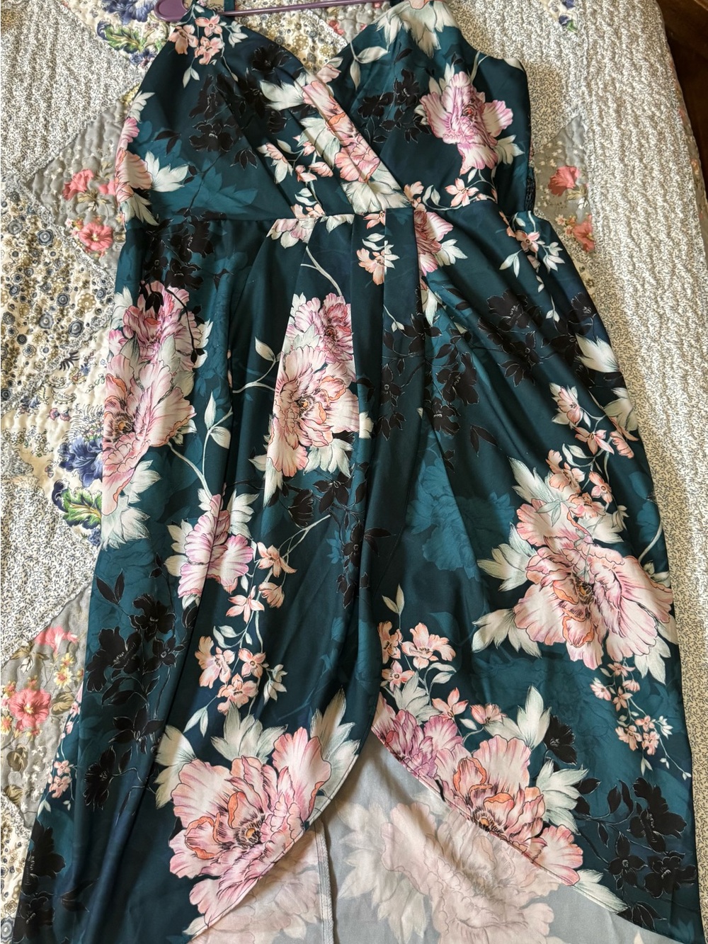City Chic Teal Pink Floral Satin High Low Maxi Dress Plus Size 20